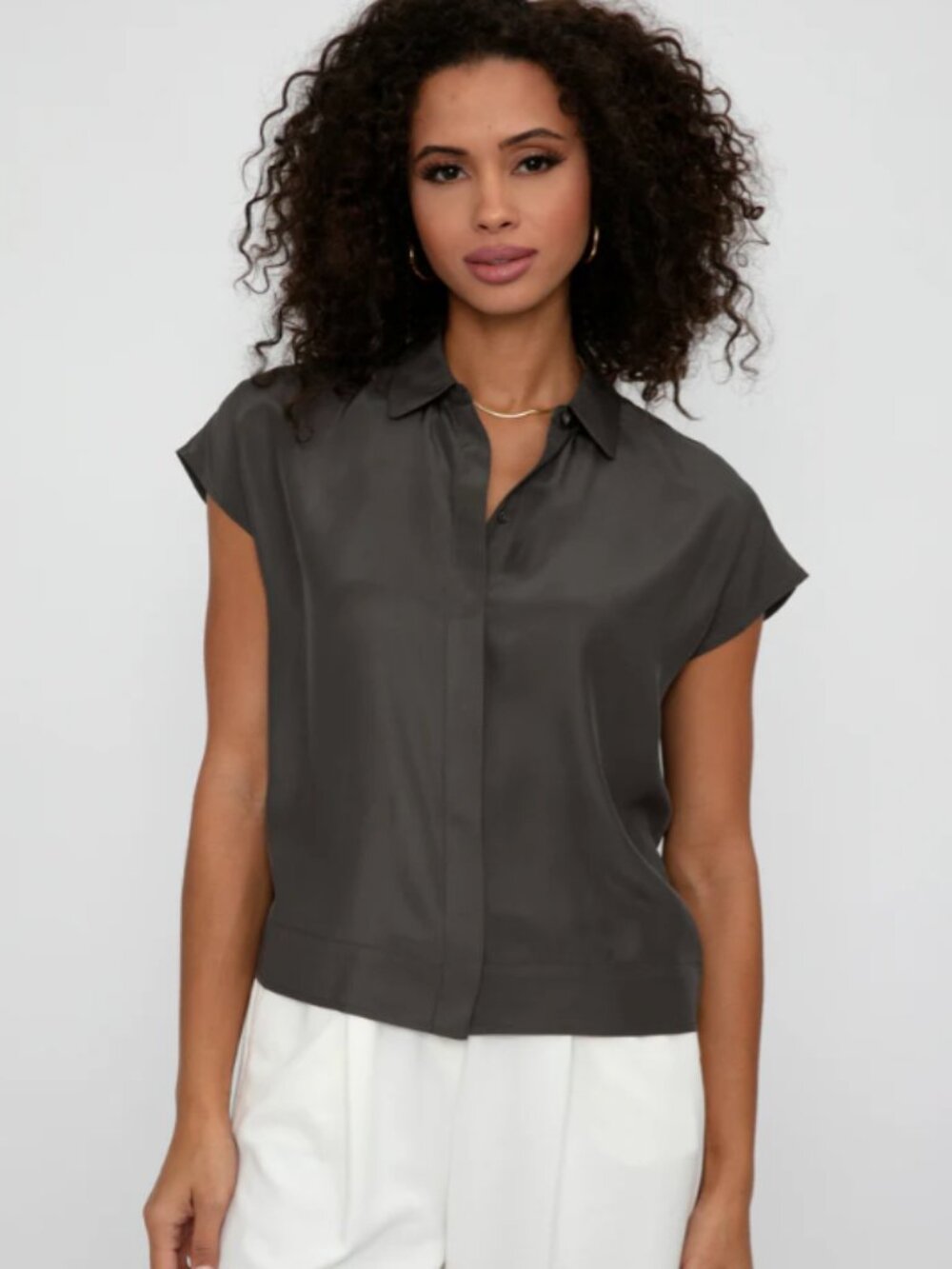 ATM 100% Silk Gray Plume Charmeuse Camp Shirt - Size - Small